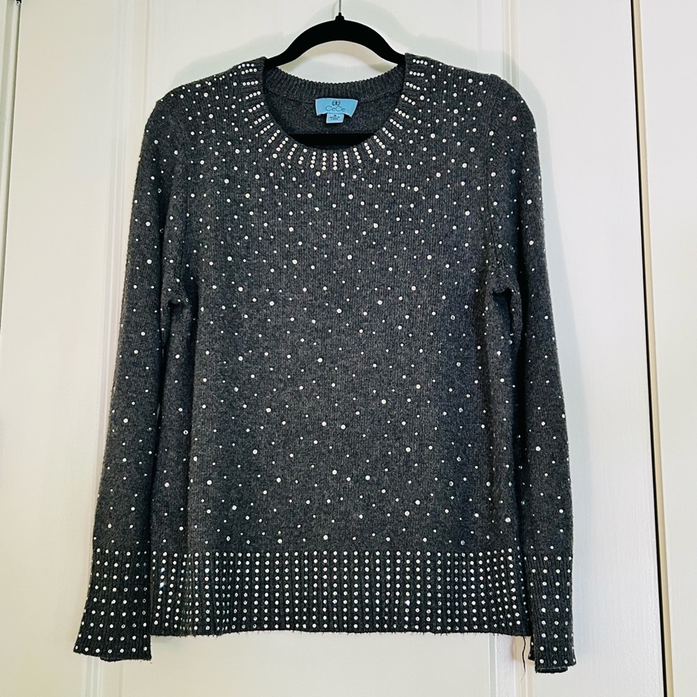 CeCe Gray Crew Neck Embellished Sparkle Sweater Women’s Size Medium